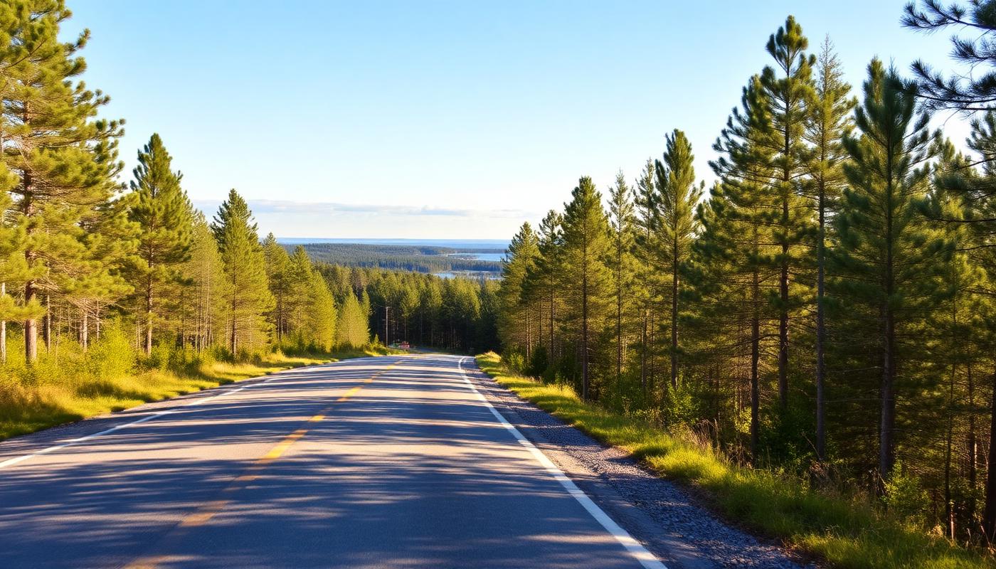 Quiet cottage country road winding through pine forest toward a lake near Parry Sound