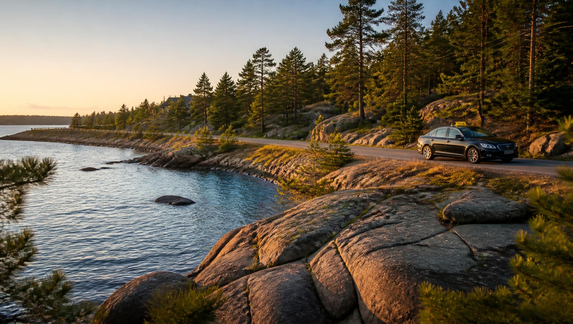 Parry Sound taxi on a cottage country road along the pine-lined Georgian Bay shoreline